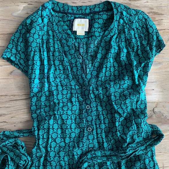 Anthropologie Maeve blue Green Geoscope button up belted Jumpsuit - Picture 4 of 9